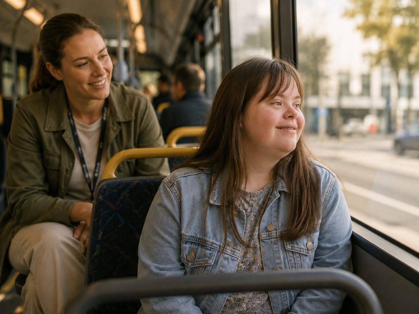 A young woman riding a city bus, looking out of the window, with a support worker in the seat behind.