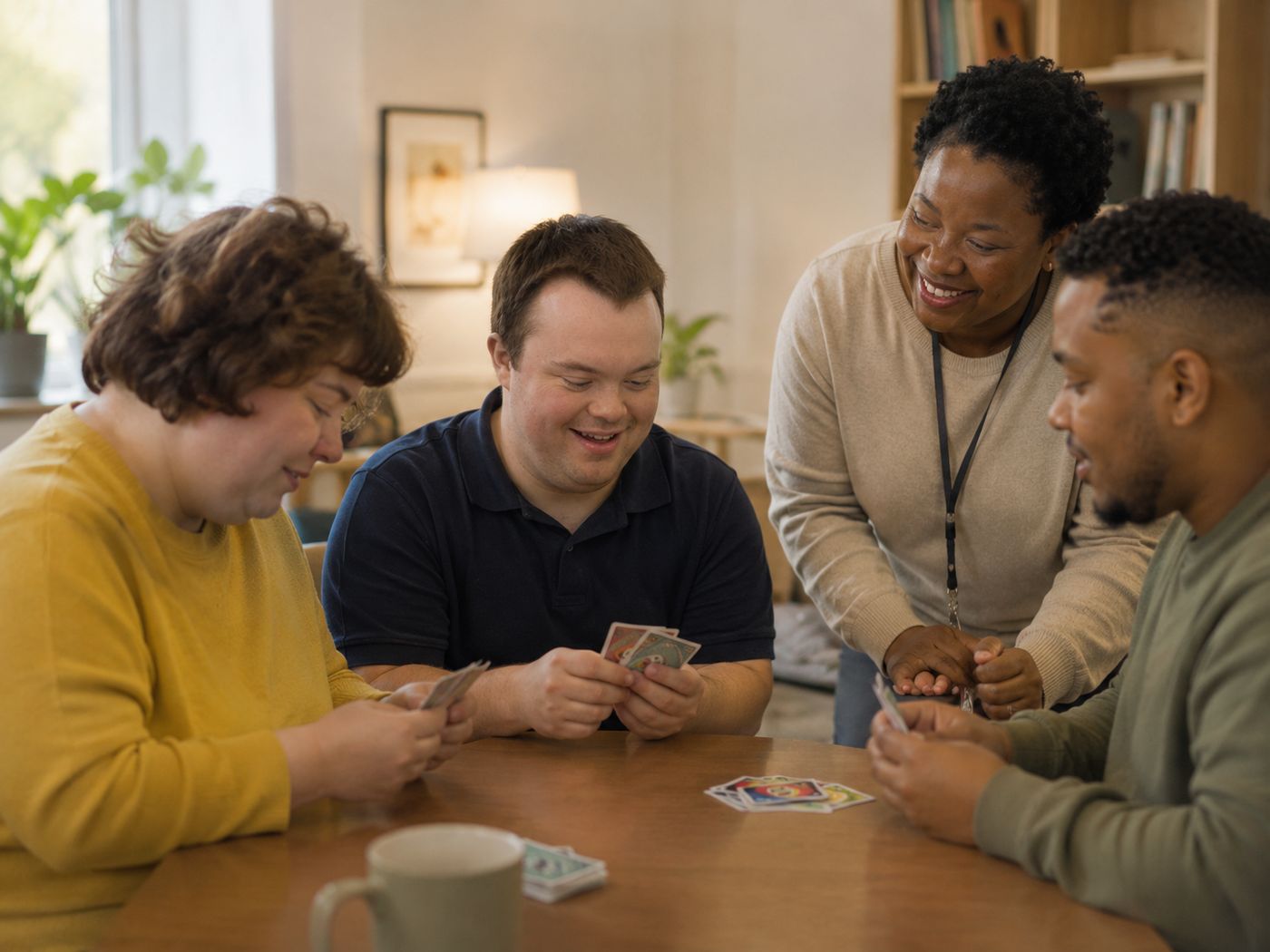 Several people playing a card game around a table with a support worker joining in.