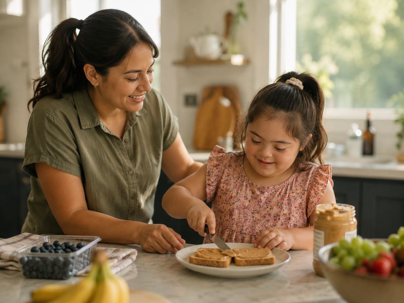 A mother and her young daughter making sandwiches together in a bright kitchen.