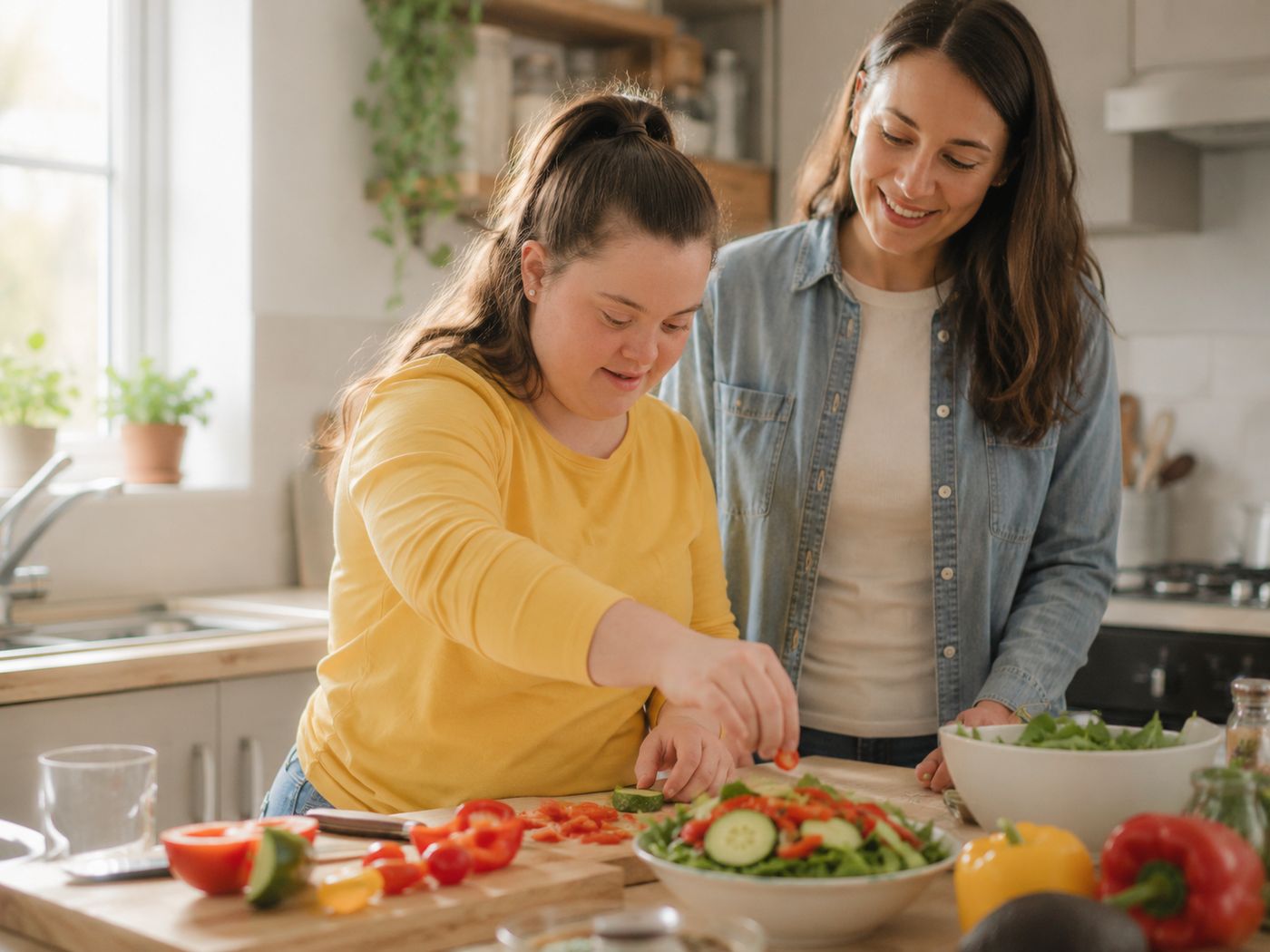 A young woman preparing a salad in a home kitchen with a support worker beside her.