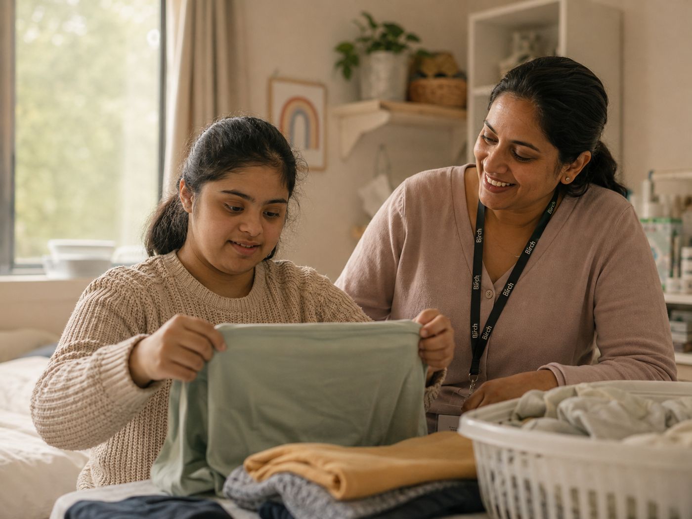 A young woman folding laundry on her bed with a Birch support worker sitting beside her.