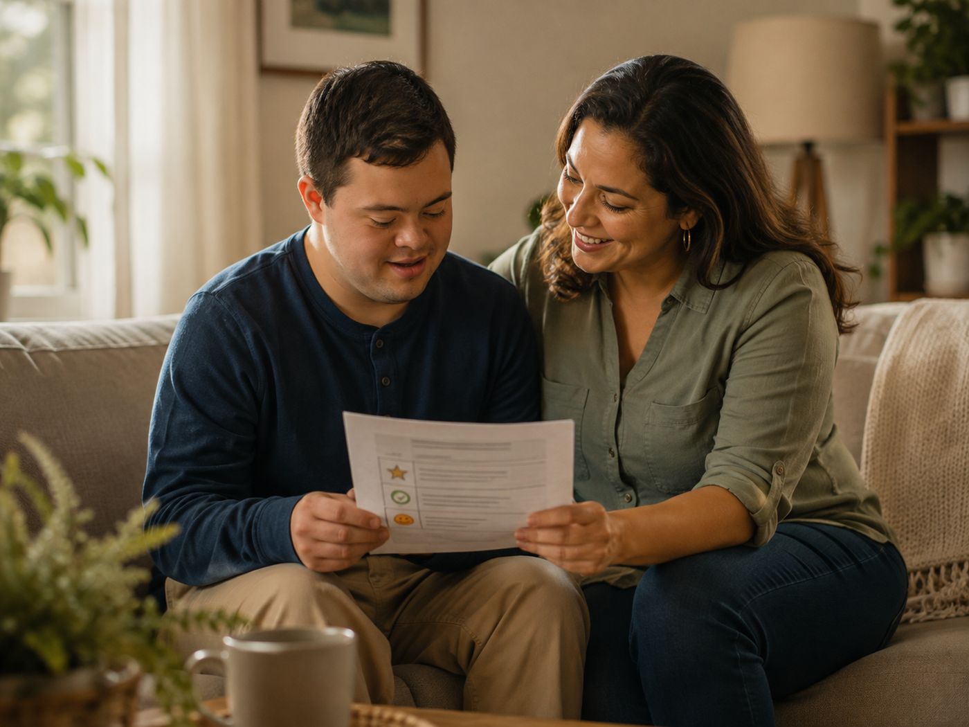 A young man and his mother reading a Birch progress report together on the sofa.