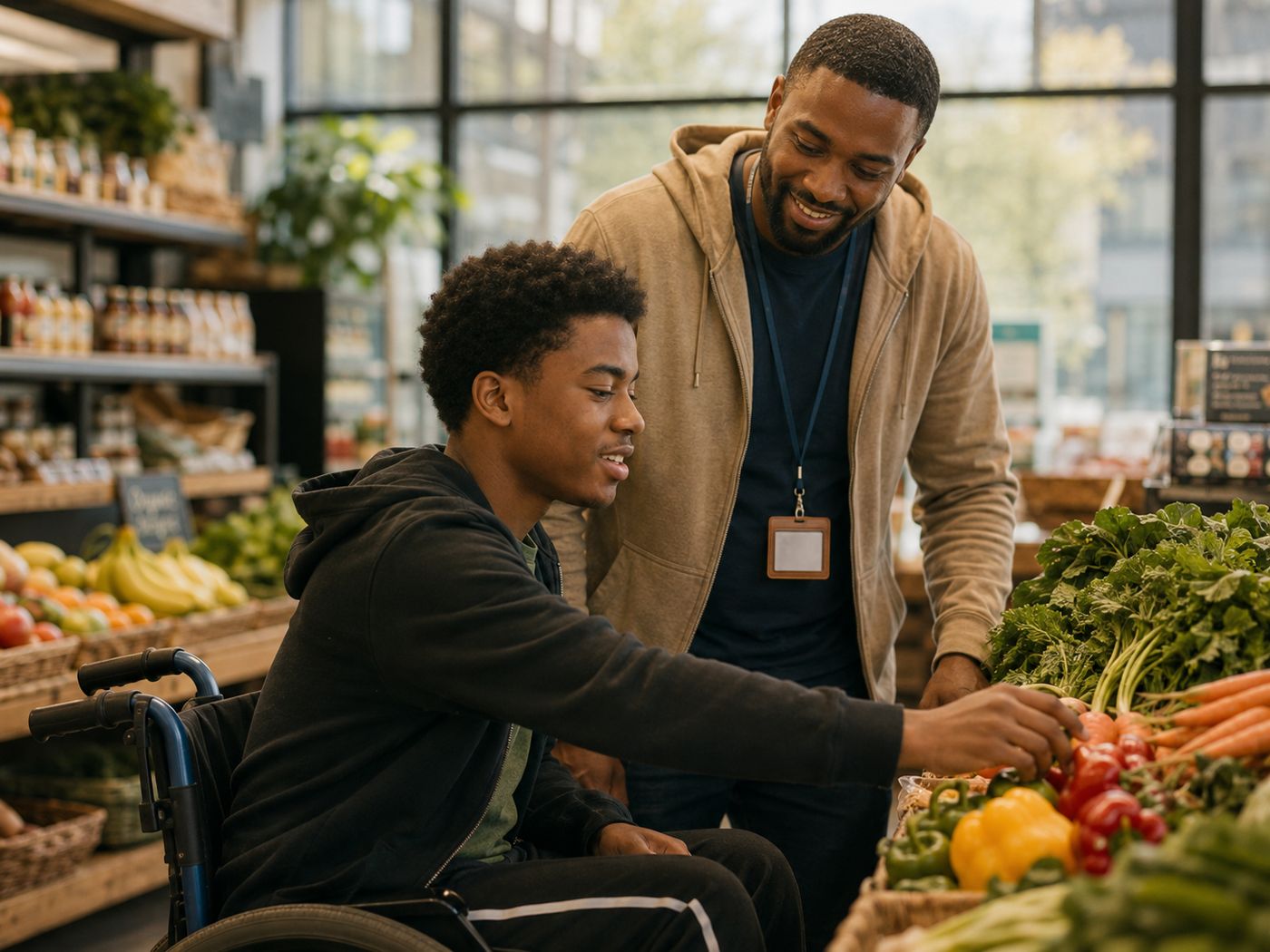 A young man using a wheelchair choosing vegetables at a grocery store with a support worker.