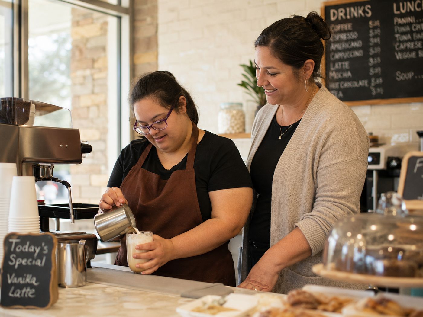 A young woman with Down syndrome making a latte behind a cafe counter while a job coach watches.
