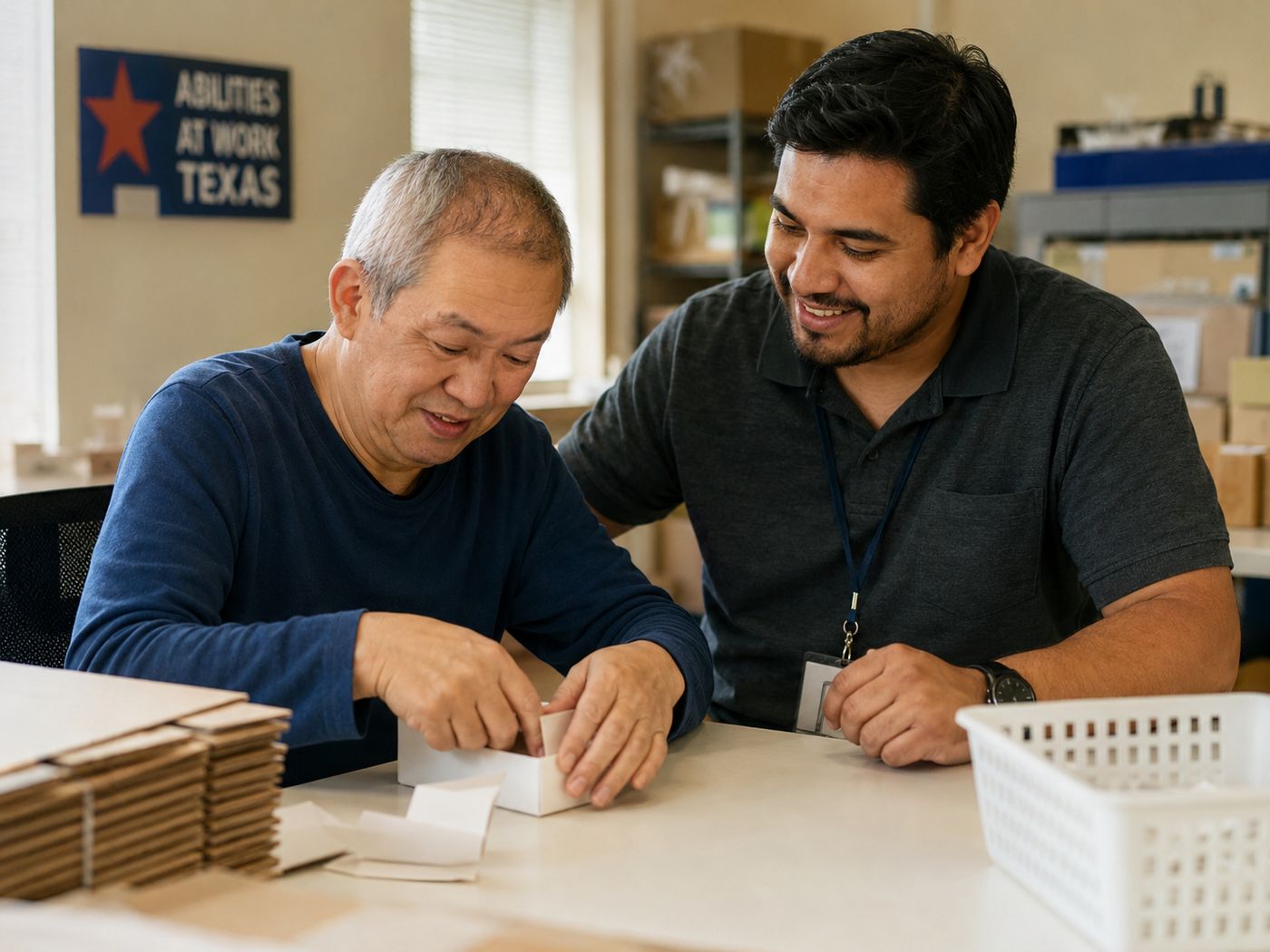 An older man assembling boxes at a work programme while a support worker sits with him.